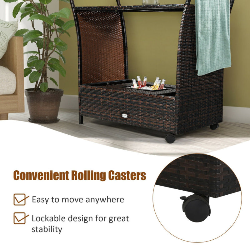 Patio Rattan Bar Serving Cart with Glass Top and Handle