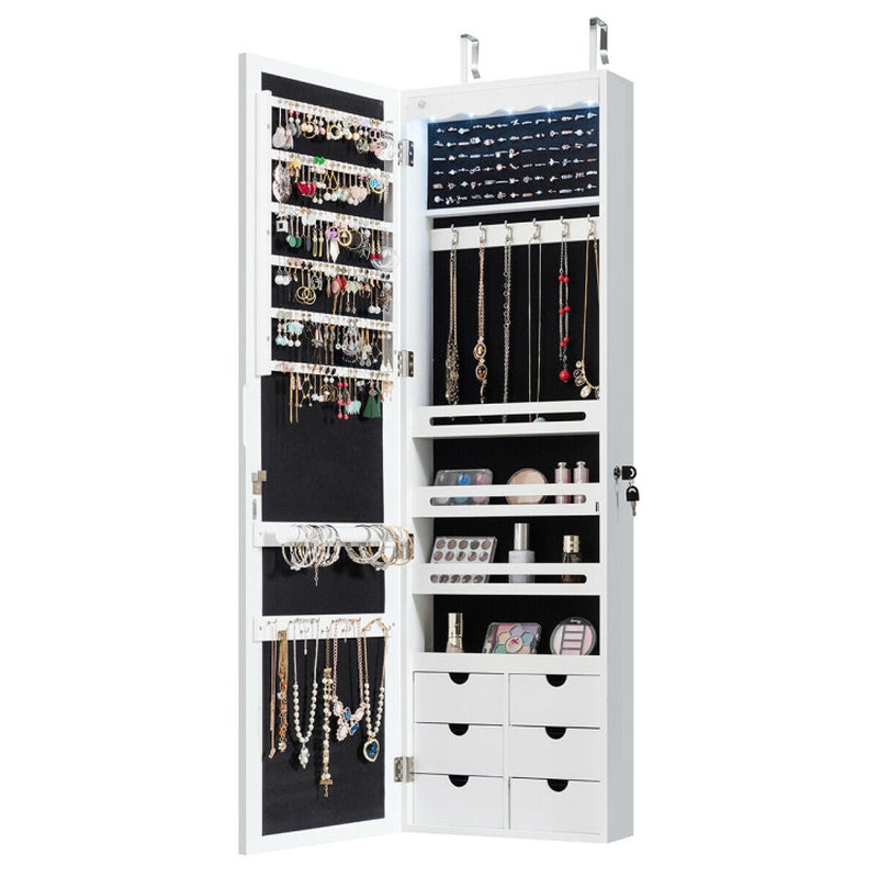 Lockable Wall Mounted Mirror Jewelry Armoire with 5 Leds and 6 Drawers