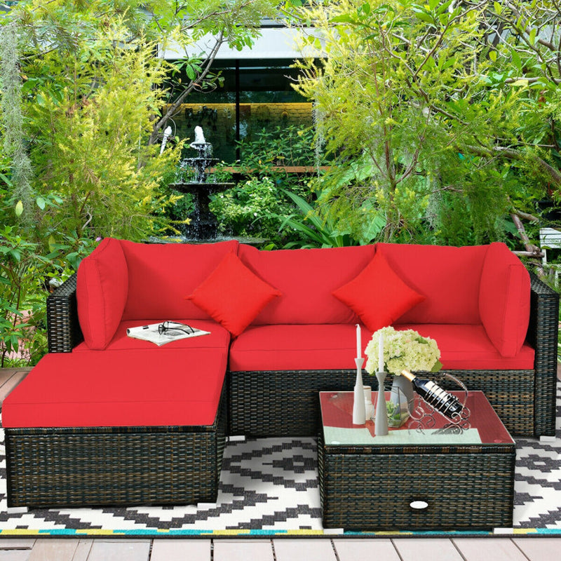 5 Pieces Outdoor Patio Rattan Furniture Set Sectional Conversation with Cushions