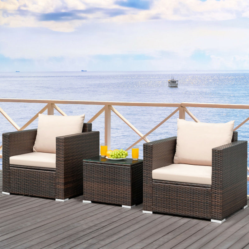 3 Pieces Patio Conversation Rattan Furniture Set with Cushion
