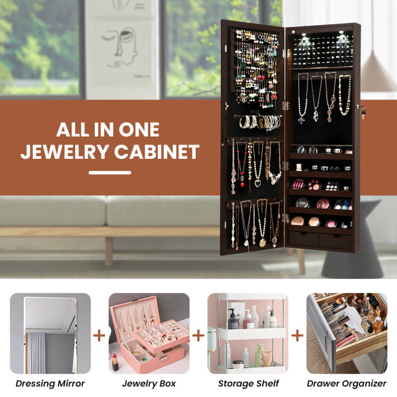 Lockable Wall Mount Mirrored Jewelry Cabinet with LED Lights