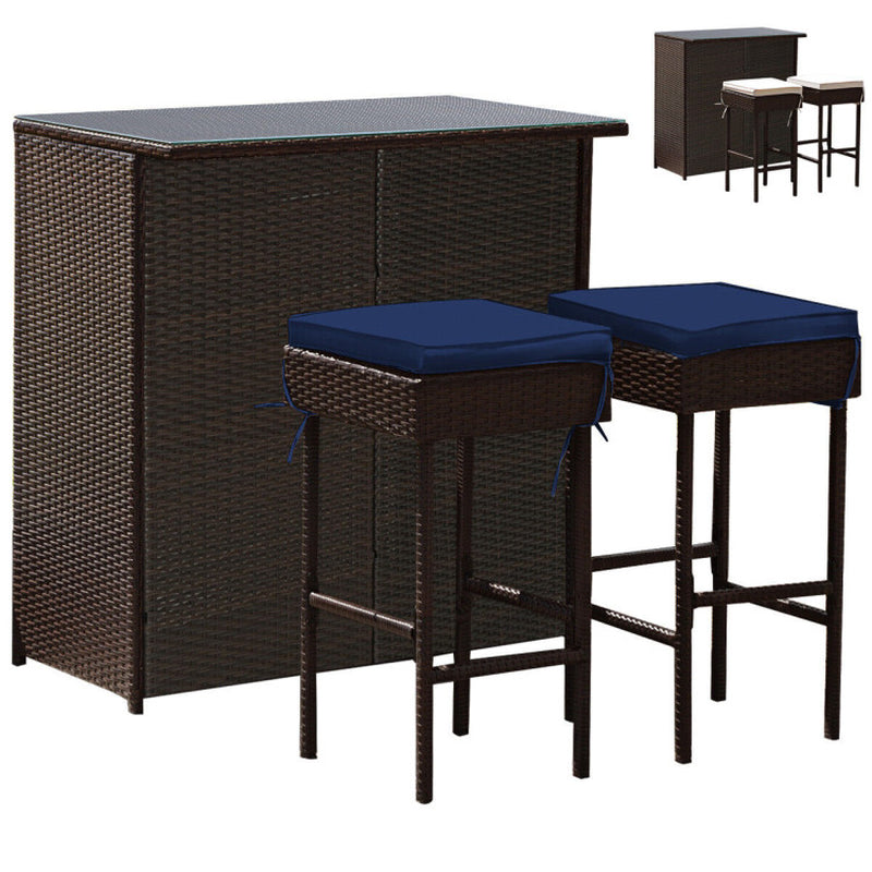 3 Pieces Outdoor Rattan Wicker Bar Set with 2 Cushions Stools