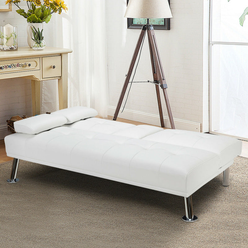 Convertible Folding Leather Futon Sofa with Cup Holders and Armrests