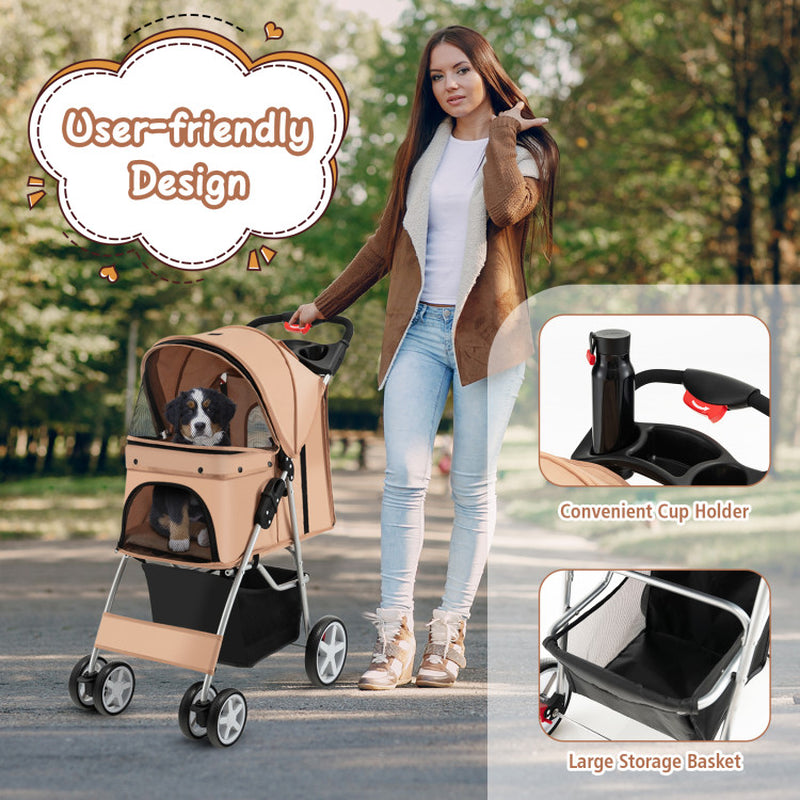 Foldable 4-Wheel Pet Stroller with Storage Basket
