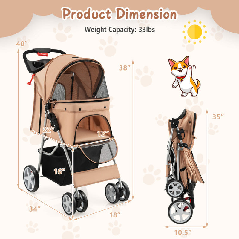 Foldable 4-Wheel Pet Stroller with Storage Basket