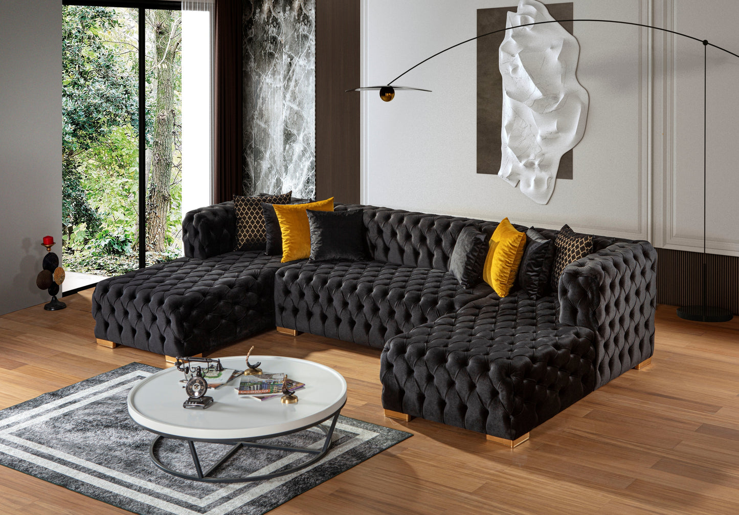 Polo Double Chase Sectional - Velvet Black ** OTTOMAN NOT INCLUDED**