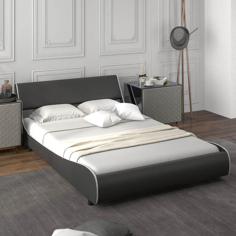 Upholstered Platform Bed Frame Low Profile Faux Leather with Curved Headboard