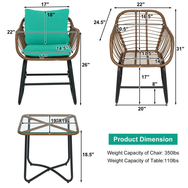 3 Pieces Patio Rattan Bistro Set with Cushions and Glass Table