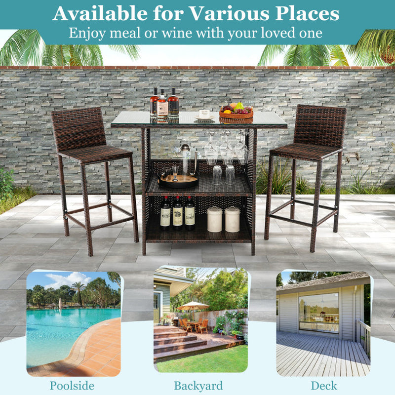 3 Pieces Outdoor Wicker Bar Set with 3 Rows Stemware Racks