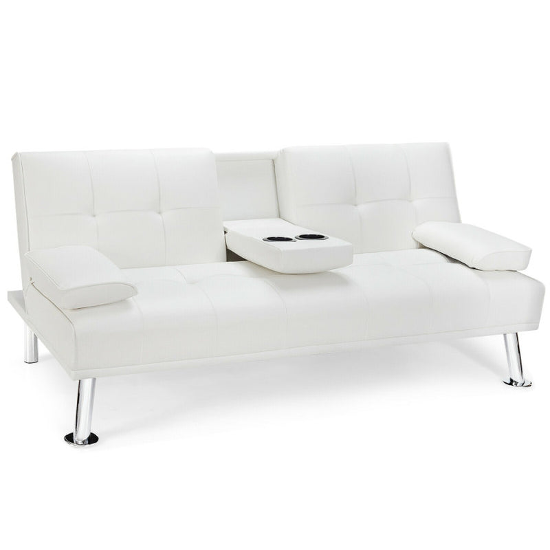 Convertible Folding Leather Futon Sofa with Cup Holders and Armrests