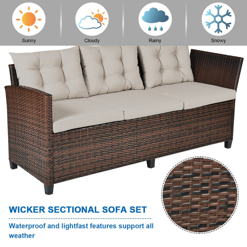 3 Pieces Hand-Woven Rattan Outdoor Sofa Set with Dining Table