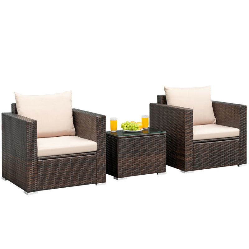 3 Pieces Patio Conversation Rattan Furniture Set with Cushion