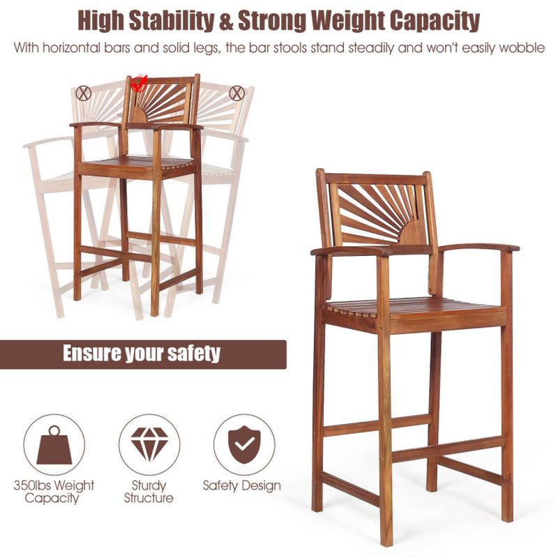2 Pieces Outdoor Acacia Wood Bar Chairs with Sunflower Backrest and Armrests