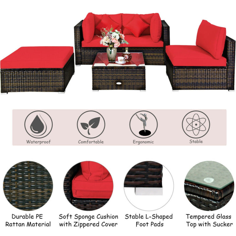5 Pieces Outdoor Patio Rattan Furniture Set Sectional Conversation with Cushions