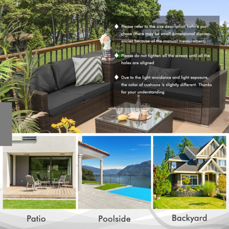 4 Pieces Patio Rattan Cushioned Furniture Set with Armrest and Storage Box