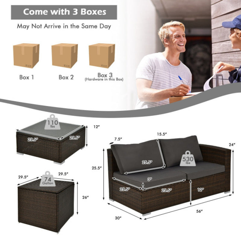 4 Pieces Patio Rattan Cushioned Furniture Set with Armrest and Storage Box