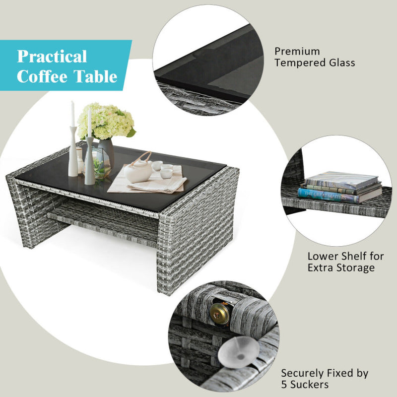 4 Pieces Patio Rattan Furniture Set Sofa Table with Storage Shelf Cushion