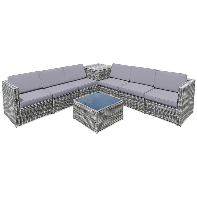 8 Pieces Wicker Sofa Rattan Dining Set Patio Furniture with Storage Table