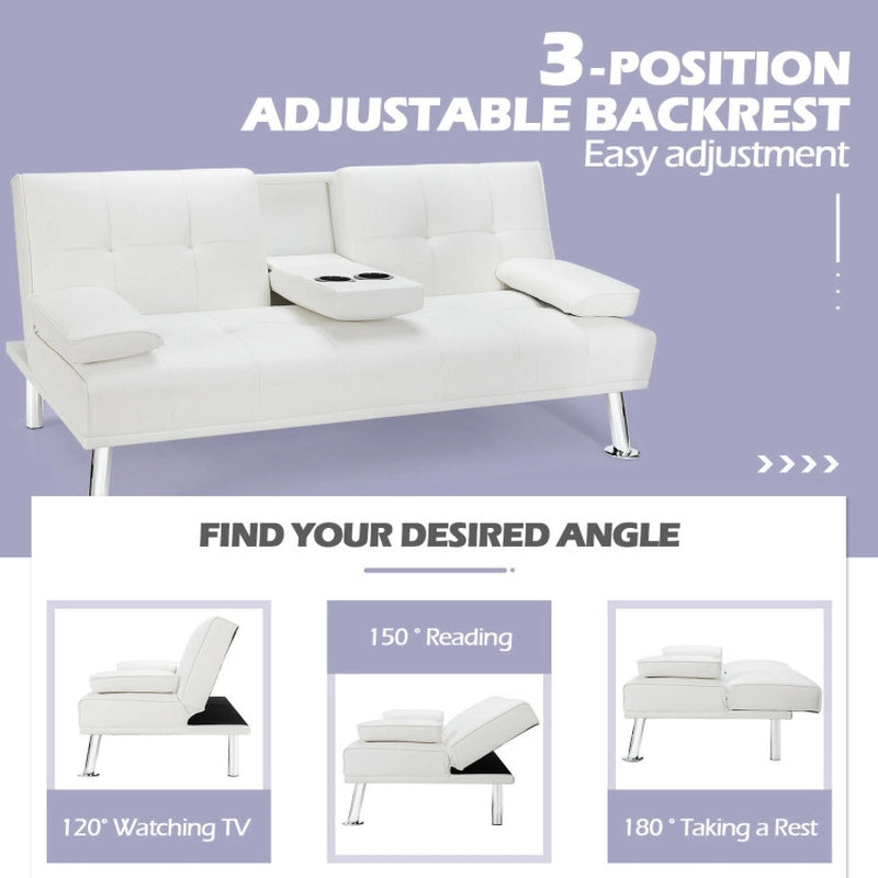 Convertible Folding Leather Futon Sofa with Cup Holders and Armrests