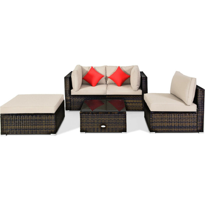 5 Pieces Outdoor Patio Rattan Furniture Set Sectional Conversation with Cushions