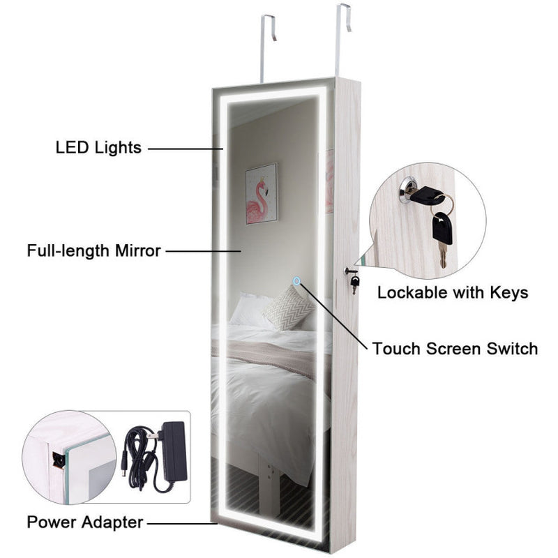 Mirrored Jewelry Armoire with Full Length Mirror and 2 Internal LED Lights