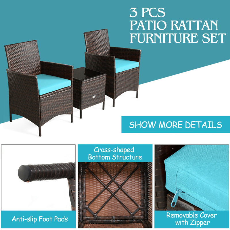 3 Pieces Patio Cushioned Rattan Converstaion Set with Glass Table Top