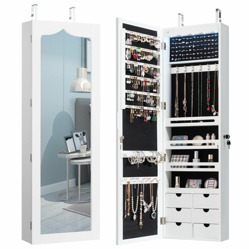 Lockable Wall Mounted Mirror Jewelry Armoire with 5 Leds and 6 Drawers