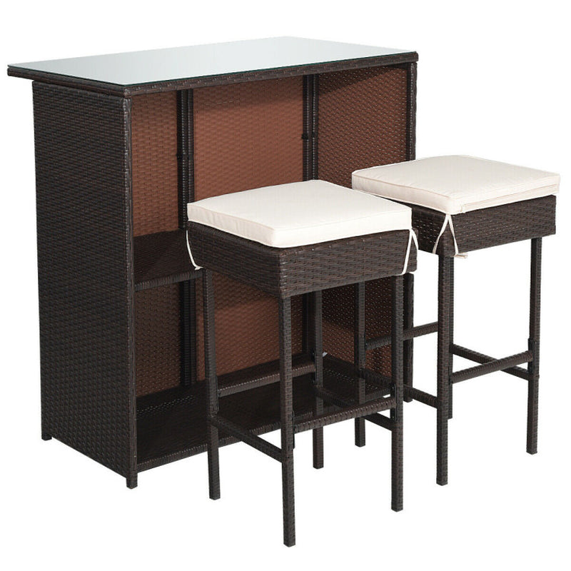 3 Pieces Outdoor Rattan Wicker Bar Set with 2 Cushions Stools