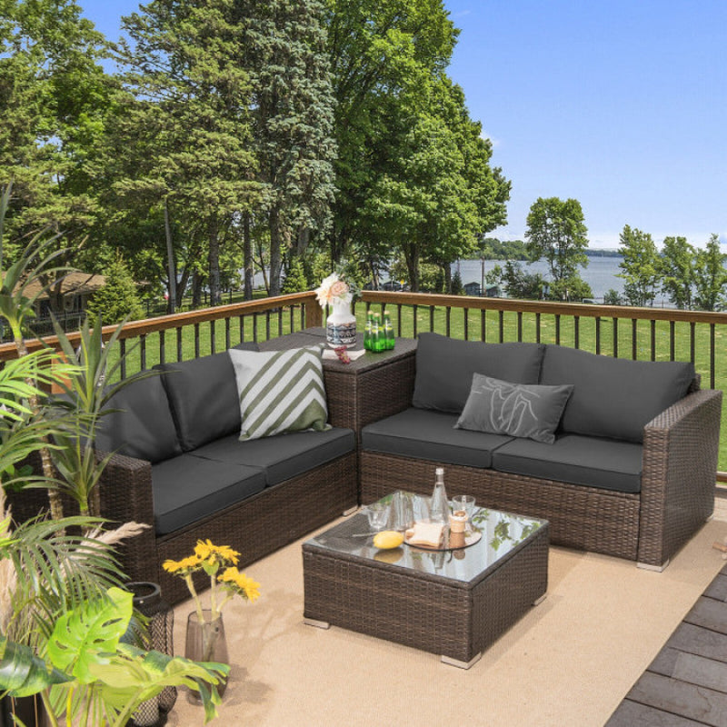 4 Pieces Patio Rattan Cushioned Furniture Set with Armrest and Storage Box