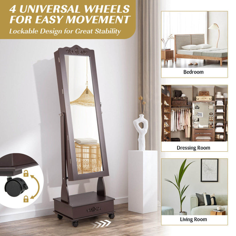 Rolling Floor Standing Mirrored Jewelry Armoire with Lock and Drawers