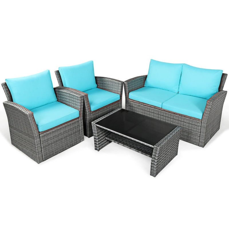 4 Pieces Patio Rattan Furniture Set Sofa Table with Storage Shelf Cushion