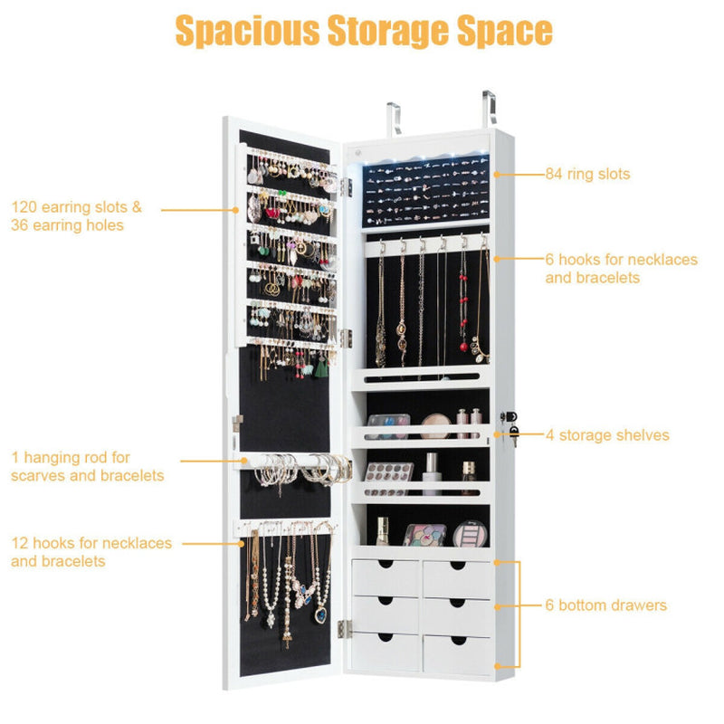 Lockable Wall Mounted Mirror Jewelry Armoire with 5 Leds and 6 Drawers