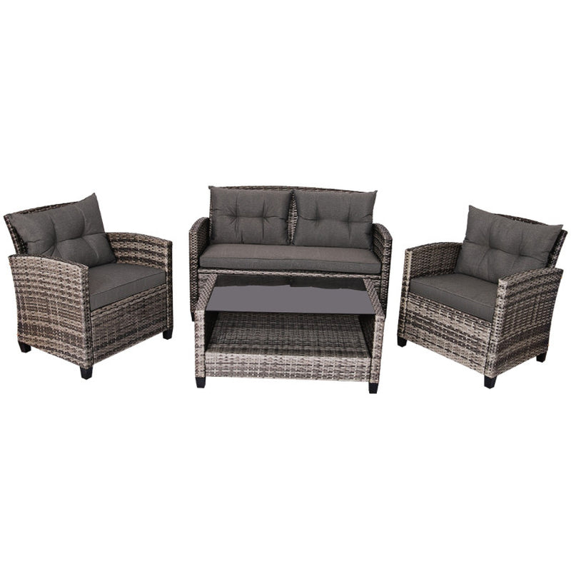 4 Pieces Patio Rattan Furniture Set Coffee Table Cushioned Sofa