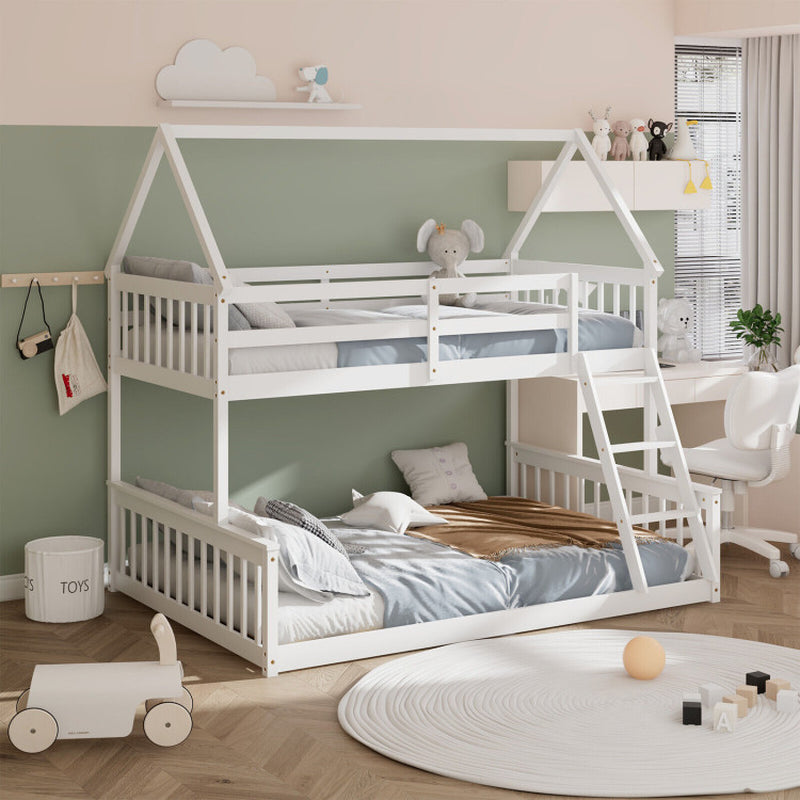 Twin over Full House Bunk Bed with Ladder and Guardrails