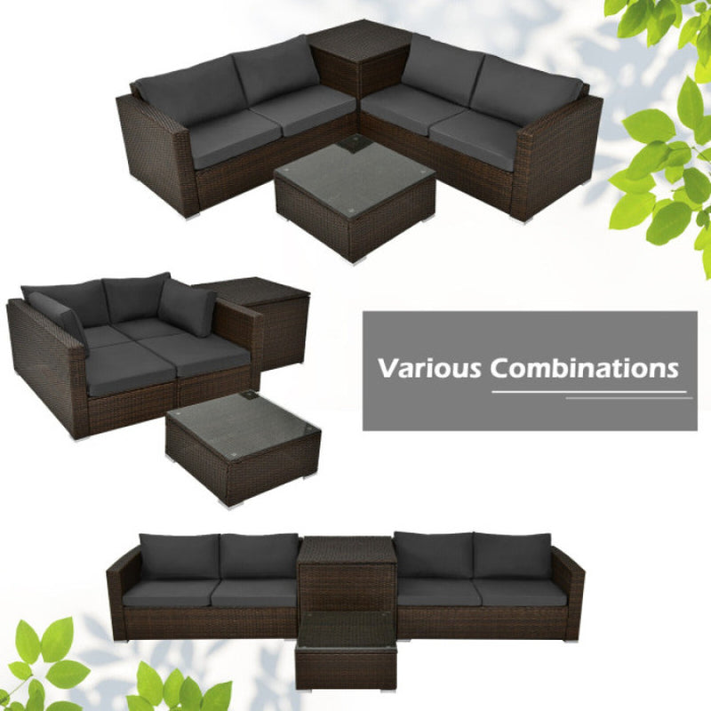4 Pieces Patio Rattan Cushioned Furniture Set with Armrest and Storage Box