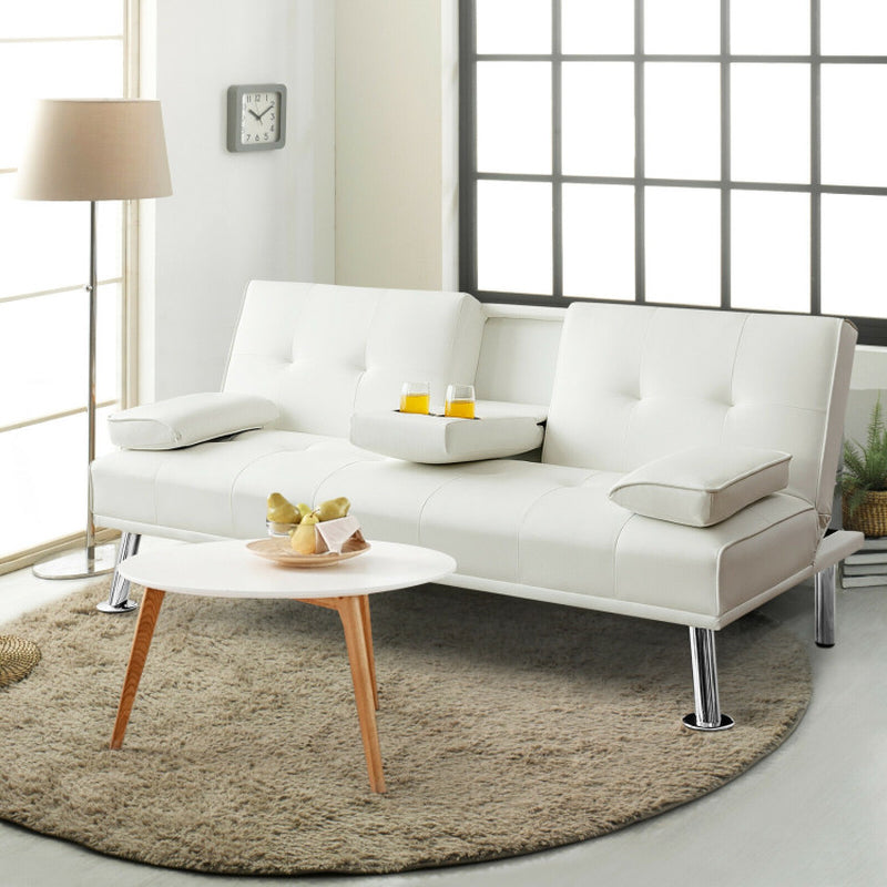 Convertible Folding Leather Futon Sofa with Cup Holders and Armrests