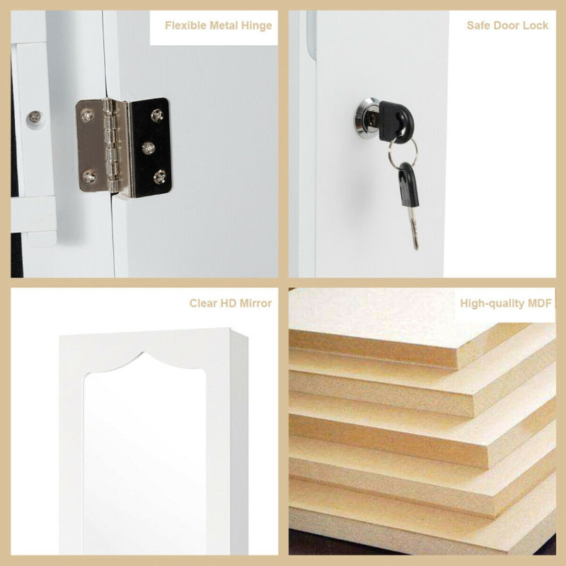 Lockable Wall Mounted Mirror Jewelry Armoire with 5 Leds and 6 Drawers