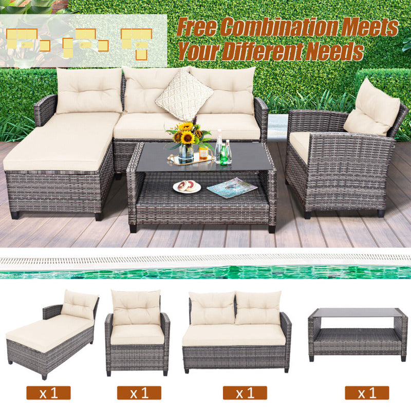 4 Pieces Patio Rattan Furniture Set with Cushion and Table Shelf