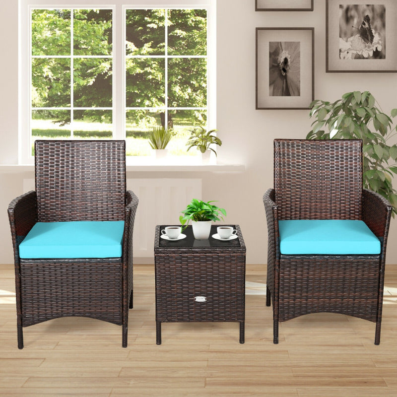 3 Pieces Patio Cushioned Rattan Converstaion Set with Glass Table Top