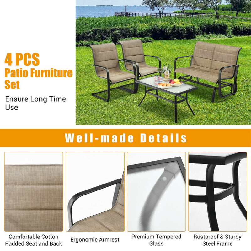 4 Pieces Outdoor Patio Furniture Set with Padded Glider Loveseat and Coffee Table