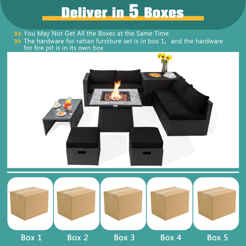 9 Pieces Outdoor Wicker Sectional with 35 Inch Gas Fire Pit Table