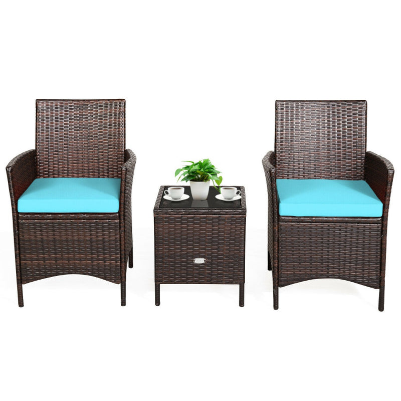 3 Pieces Patio Cushioned Rattan Converstaion Set with Glass Table Top