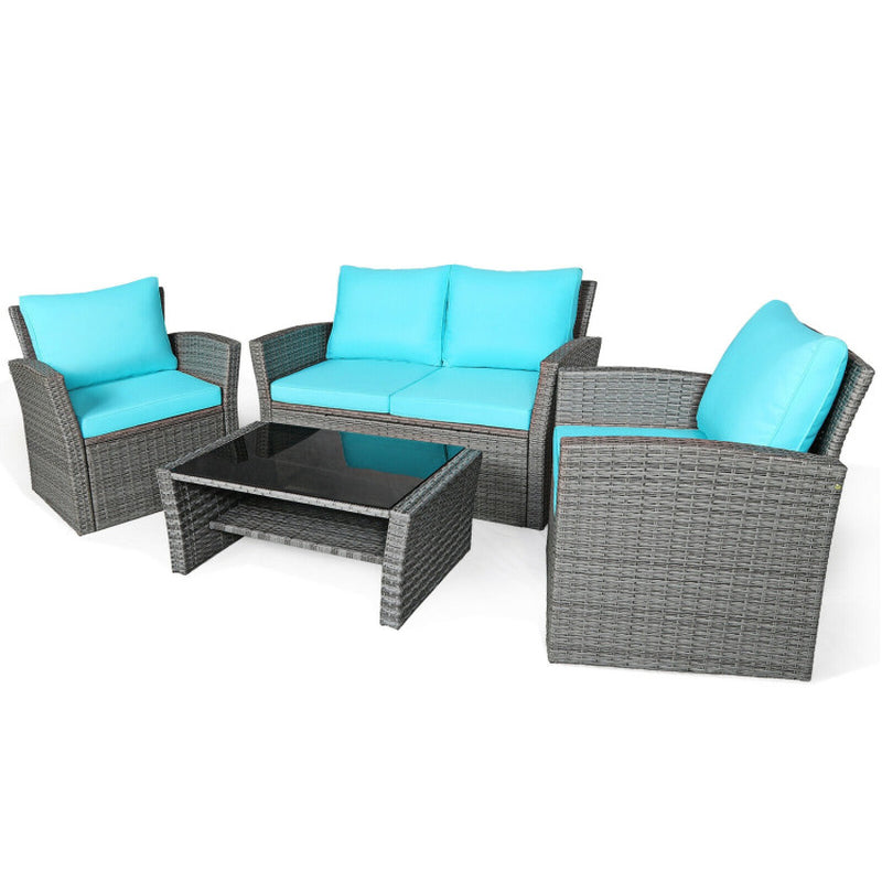4 Pieces Patio Rattan Furniture Set Sofa Table with Storage Shelf Cushion