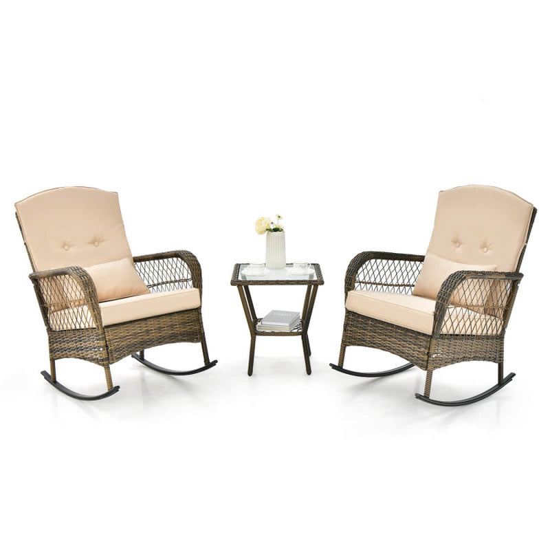 3 Pieces Outdoor Hand-Woven PE Rattan Conversation Set with Tempered Glass Side Table