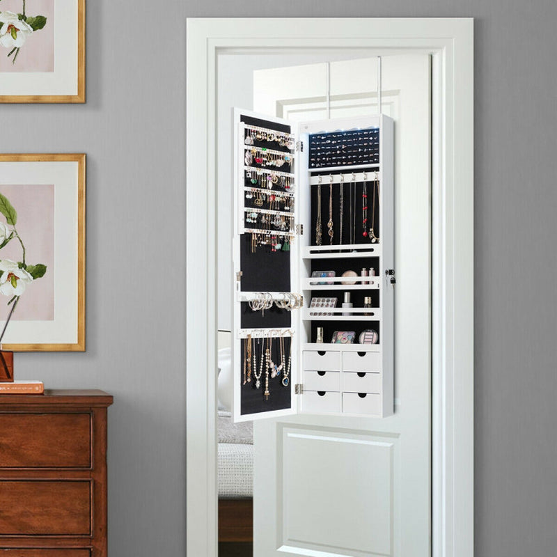 Lockable Wall Mounted Mirror Jewelry Armoire with 5 Leds and 6 Drawers