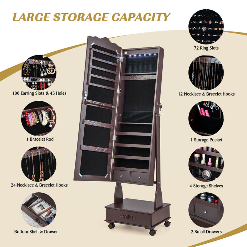 Rolling Floor Standing Mirrored Jewelry Armoire with Lock and Drawers