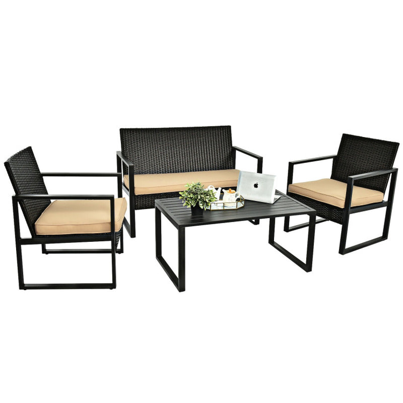 4 Pieces Patio Rattan Furniture Set with Seat Cushions and Coffee Table