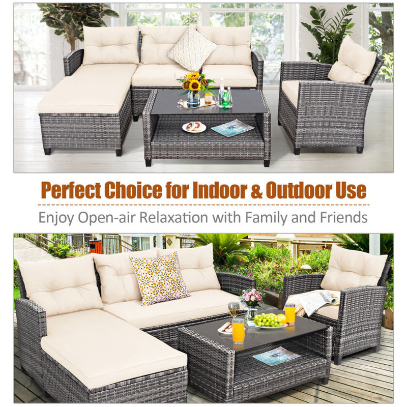 4 Pieces Patio Rattan Furniture Set with Cushion and Table Shelf