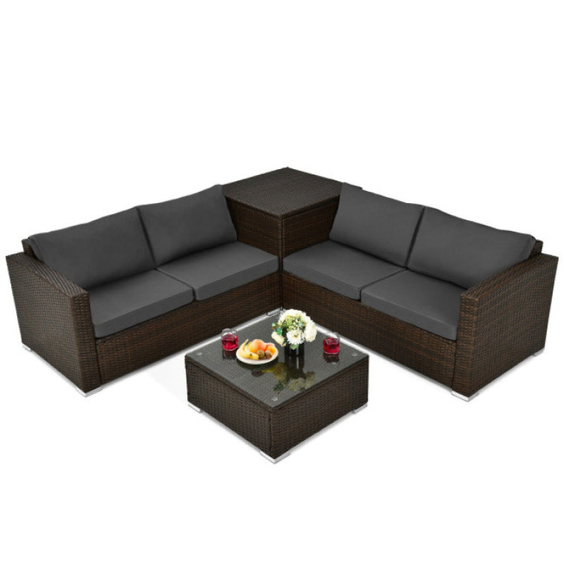 4 Pieces Patio Rattan Cushioned Furniture Set with Armrest and Storage Box