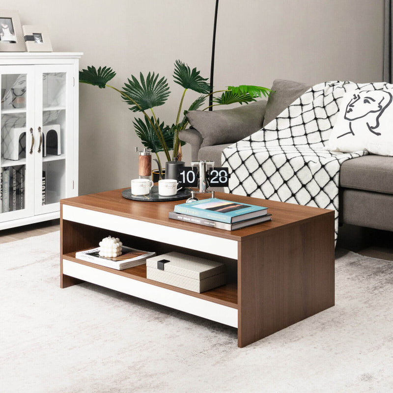 37 Inch 2-Tier Rectangle Wooden Coffee Table with Storage Shelf